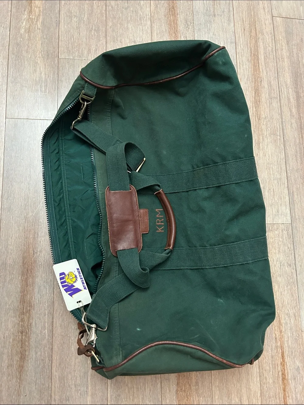VTG Lands' End Dark Green Canvas Duffel with Brown Trim large square rigger